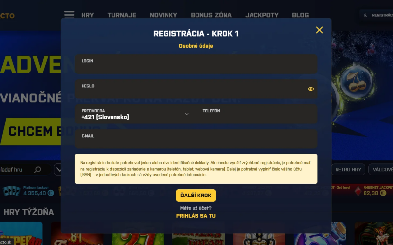 Kajot Intacto casino registracia – formulár